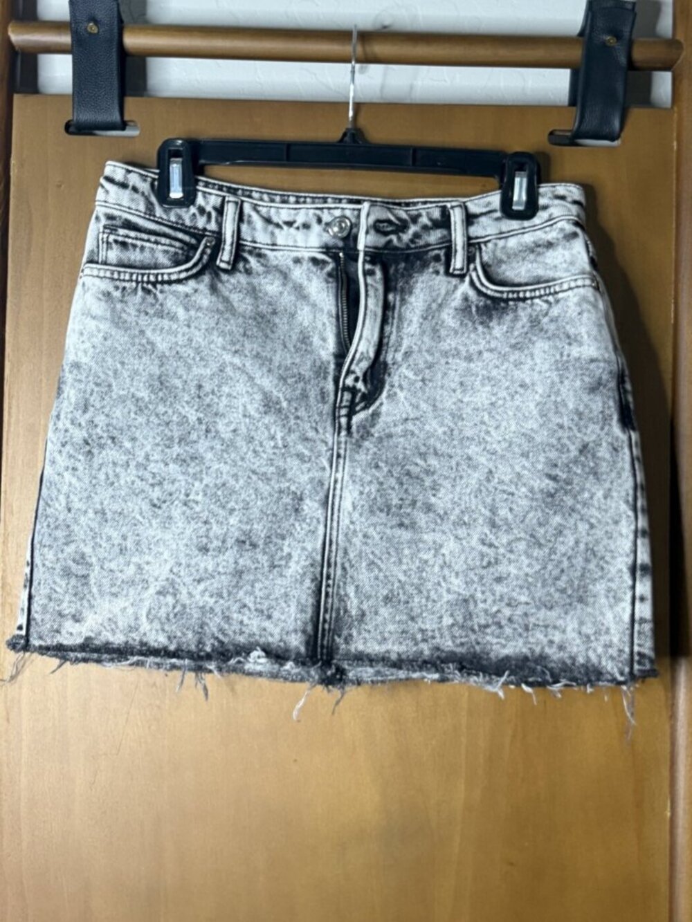 AllSaints Black Gray Acid-Wash Denim Mini Skirt US 6 Raw Hem